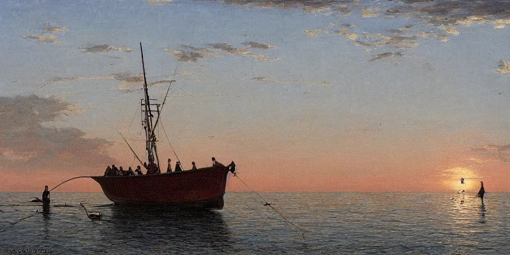 Image similar to rising sun ( ( ( fishing cormorant, fishing boat ) ) ) on the naples bay, by paul gustav fisher and moebius