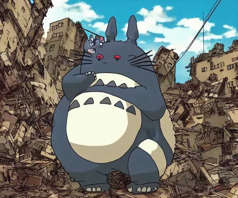 Prompt: giant totoro in the style of godzilla, destroying a city, jet fighters, anime, attack on titan