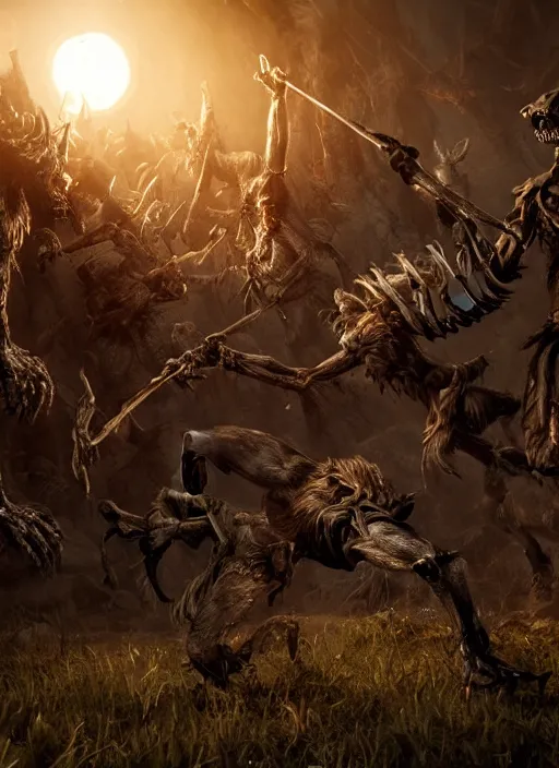 Image similar to werewolf fighting an endless army of skeletons, ultra detailed fantasy, elden ring, realistic, dnd, rpg, game design concept art, behance hd, artstation, deviantart, global illumination radiating a glowing aura global illumination ray tracing hdr render in unreal engine 5