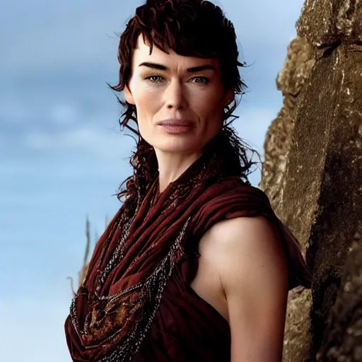 Prompt: full body photograph of Lena Headey as Helen of Troy, very beautiful, alluring expression, windy, coast in the background, dark sky, dramatic lighting