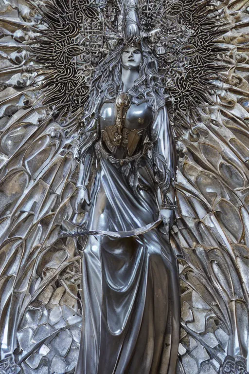 Prompt: a cinematic view of a ornated intricate gothic sacred statue of medieval maiden wizard made in light concrete, with few ornaments in shiny polished chrome, sculpted by hedi xandt and gaudi