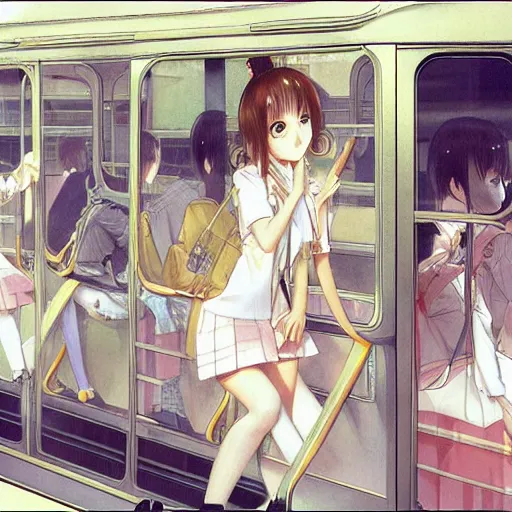 Image similar to two Japanese high school girl ,bus ,by Range Murata and mucha