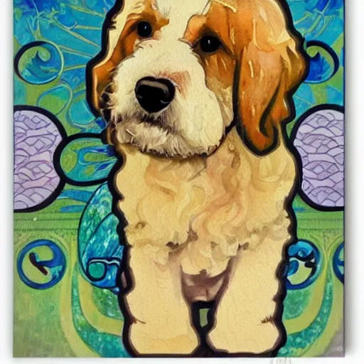 Image similar to cute, pop art style blonde bernedoodle, watercolor painting, by alphonse mucha and william morris