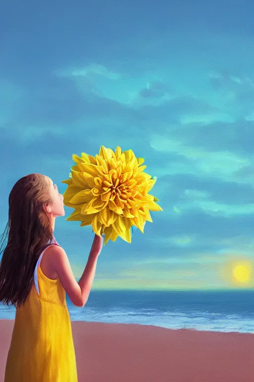 Image similar to closeup girl with huge yellow dahlia flower face, on beach, surreal photography, blue sky, sunrise, dramatic light, impressionist painting, digital painting, artstation, simon stalenhag