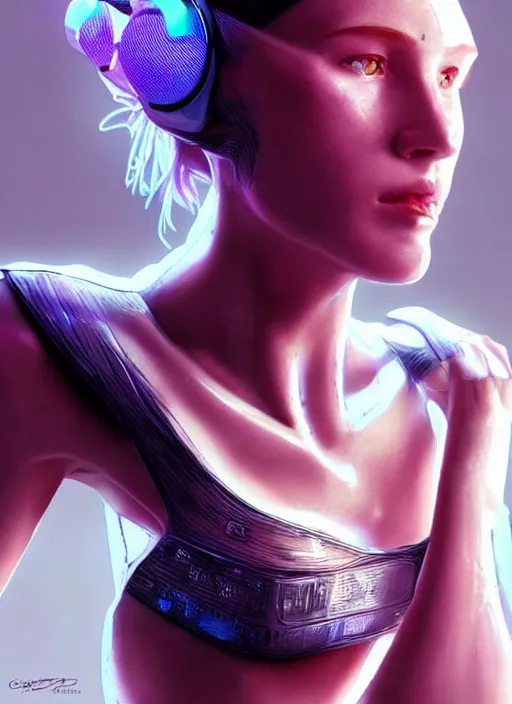 Image similar to a sensual caucasian female humanoid with freckles cheek, cyber neon lighting, futurism, intricate futuristic jewelry accessories, cyberpunk high fashion bikini, profile posing, hyper photorealistic, crispy quality, digital photography, trending in artstation, trending in pinterest, cinematic, 4 k ultra hd, art by pascal blanche, art by greg rutkowski,