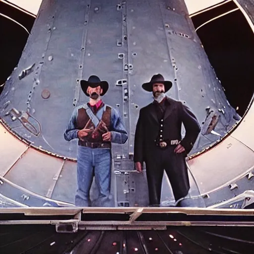 Image similar to wyatt earp and doc holliday, standing on the deck of a spacecraft inspired by the movie interstellar, high detail, high fidelity