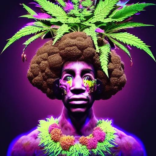 Image similar to an african marijuanna shaman with an afro made of flowers, third eye art art by machina infinitum, complexity from simplicity, rendered in octane, mandelbulb 3 d, ambient occlusion, macro photography, felt!!! texture, tribal, neon! retrowave