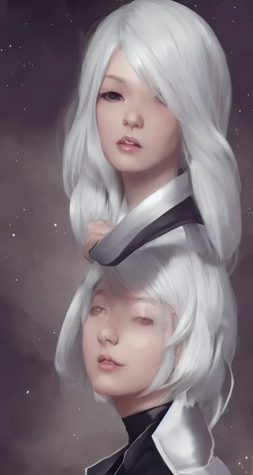 Prompt: a portrait of a scientist android girl with silver hair wearing white suit by artgerm and wlop and krenz cushart, painterly