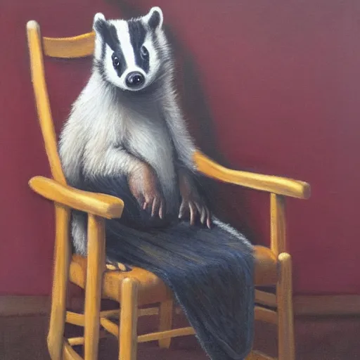 Image similar to A portrait of an old badger sitting on a rocking chair, oil painting