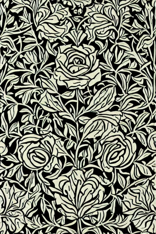 Image similar to black rose pattern, art by william morris, illustration, arts and crafts, art deco