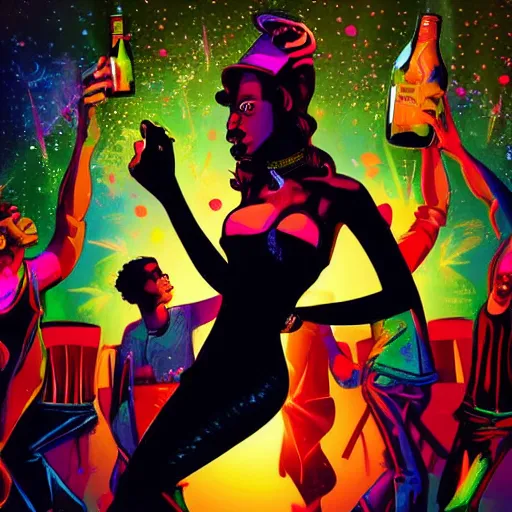 Image similar to young people in a fancy nightclub dancing and drinking, partylights, great colors, in the style of ernie barnes, trending on artstation