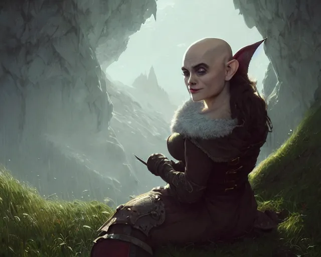 Prompt: highly detailed portrait of helena bonham carter as a bald elf, in skyrim, stephen bliss, unreal engine, fantasy art by greg rutkowski, loish, rhads, ferdinand knab, makoto shinkai and lois van baarle, ilya kuvshinov, rossdraws, tom bagshaw, global illumination, radiant light, detailed and intricate environment