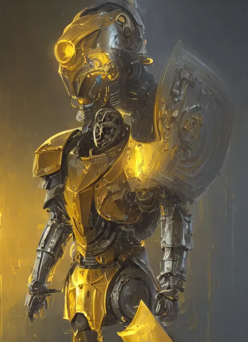 Image similar to dynamic abstract portrait of a intricate glorious holy mechanical warforged character in yellow armor holding a paladin engraved great longsword drawn and carrying a big paladin shield, spotlight from face , epic , trending on ArtStation, masterpiece, cinematic lighting, by Ross Tran and by Greg Rutkowski