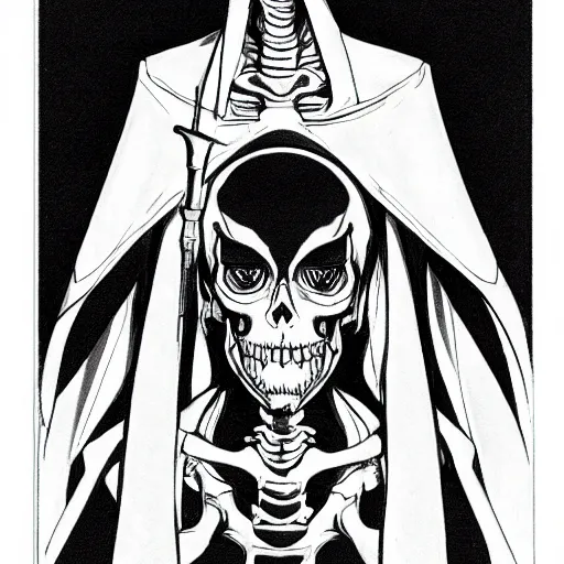 Prompt: A anime still of a grim reaper by Takeshi Obata, skeleton face symmetrical face,symmetrical body, worn clothes, military boots, pencil art on paper