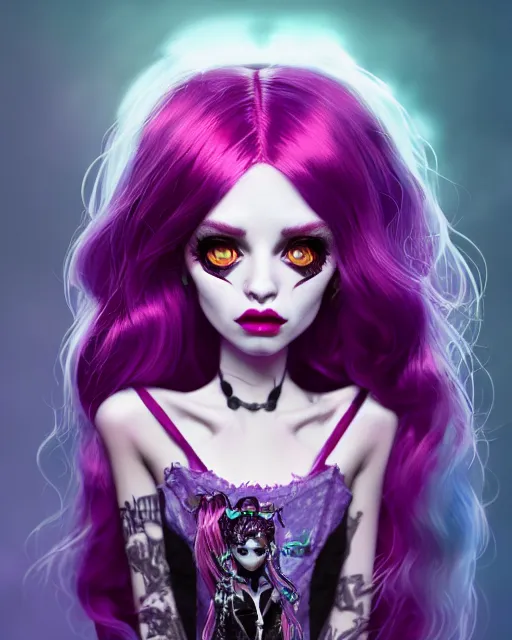 Image similar to portrait of monster high doll, stephen bliss, unreal engine, by greg rutkowski, loish, rhads, makoto shinkai and lois van baarle, ilya kuvshinov, rossdraws, global illumination, radiant light, detailed and intricate environment, pastel lighting