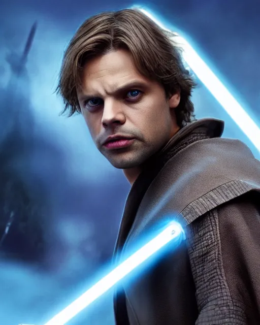 Prompt: sebastian stan portraying a beautiful luke skywalker grand master jedi from star wars legends, in a jedi robe, without lightsaber, movie, hyper realistic, hollywood promotional image, imax, 8 k