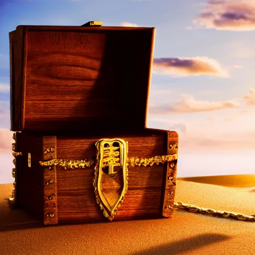 Image similar to Photo of a treasure chest filled with gold and golden accessory on a island, 8k, golden hour, dramatic lighting