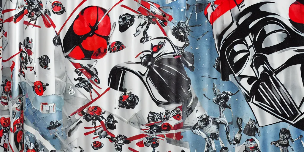 Image similar to shower curtain product catalog. wide - angle photo. on the curtain is a low - angle hero - shot watercolor of a ladybug robot fighting against darth vader. the robot has an epic showdown with darth vader. the water color has ink under drawing. highly coherent, product photography of a shower curtain, product lighting. 4 k, highly detailed. saturated.