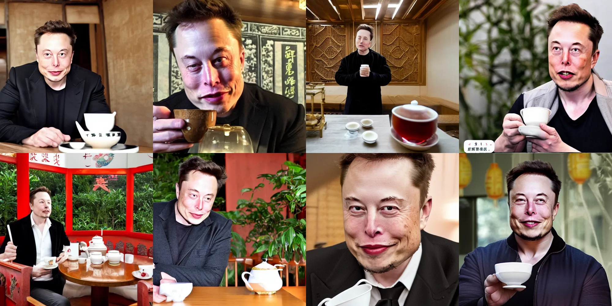 Prompt: elon musk drinking chinese tea in a chinse tea house