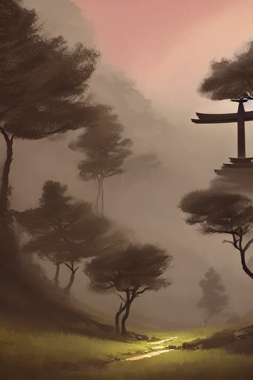 Image similar to Japanese Torii in a moutain with trees ,night , by Grzegorz Rutkowski, concept art