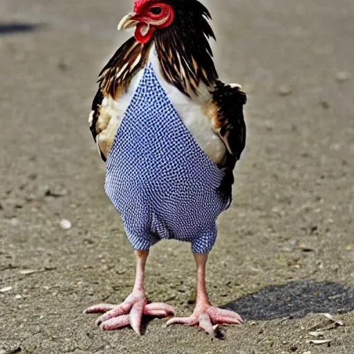 Image similar to chicken wearing prisioner clothes