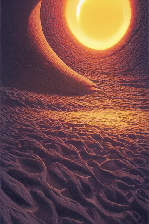 Prompt: a sandworm on arrakis, god emperor of dune by david a hardy and noriyoshi ohrai, highly detailed, cinematic composition, trending on artstation
