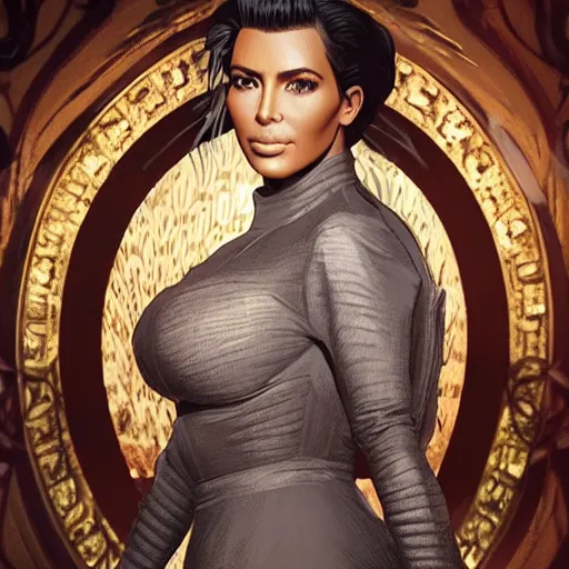 Image similar to A film still of kim kardashian as Lady Dimitrescu in resident evil, highly detailed, digital painting, artstation, concept art, sharp focus, illustration, cinematic lighting, art by artgerm and greg rutkowski and alphonse mucha diffuse lighting, fantasy, intricate, elegant, highly detailed, lifelike, photo, digital painting, artstation, illustration, concept art, smooth, sharp focus, art by John Collier and Albert Aublet and Krenz Cushart and Artem Demura and Alphonse Mucha
