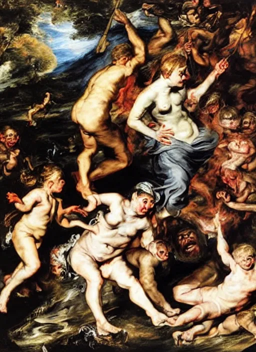 Prompt: adventure playground accident, adventure playground accident, adventure playground accident, oil on canvas by peter paul rubens. style fall of the damned by peter paul rubens