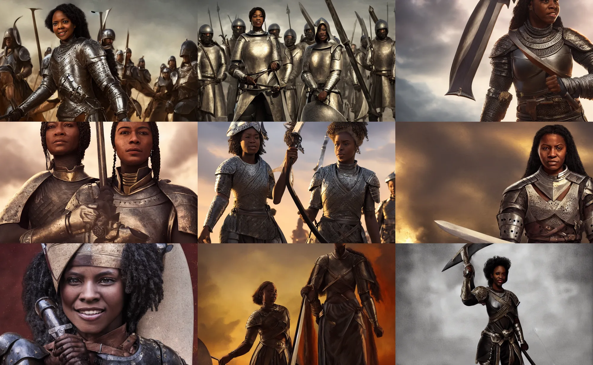 Prompt: cinematic artwork of a black female medieval commander in front of her army, holding his sword with a slight smile on her face by greg rutowski, 4 k, masterpiece