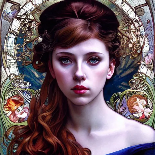 Prompt: realistic detailed painting of 16-year old girl who looks like Scarlett Johansson and Audrey Hepburn, as Anna from Frozen by Alphonse Mucha, Ayami Kojima, Amano, Charlie Bowater, Karol Bak, Greg Hildebrandt, Jean Delville, and Mark Brooks, Art Nouveau, Neo-Gothic, gothic, rich deep colors