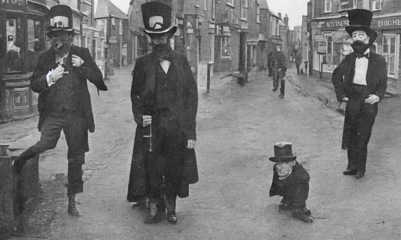 Prompt: leprechaun standing on the streets of british town, newspaper photo