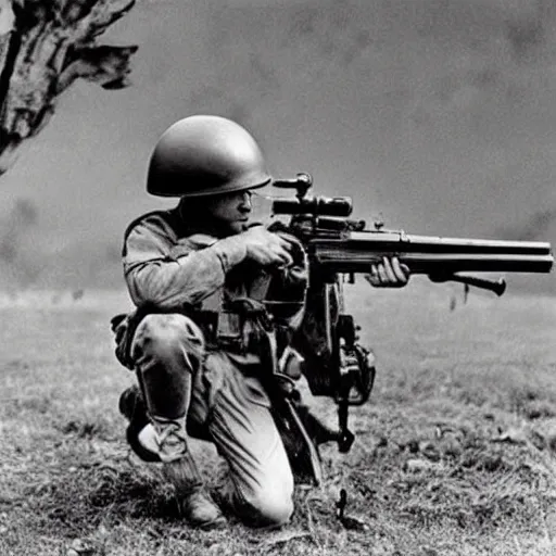 Prompt: old restored photos from the world war, kangaroos and spiders wearing helmets and rifle's, war, battle, realistic