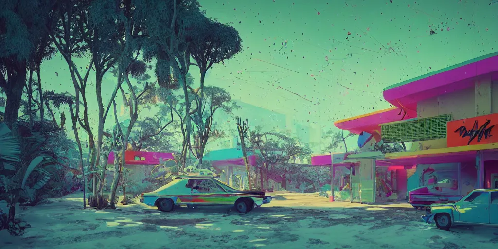 Image similar to 80s outdoor retro arcade, 80s color scheme, retro, pastel colors, desolate, lush vegetation, snow, moody:: by beeple and James Gilleard and Justin Gerard :: ornate, dynamic, particulate, intricate, elegant, highly detailed, centered, artstation, smooth, sharp focus, octane render, 3d