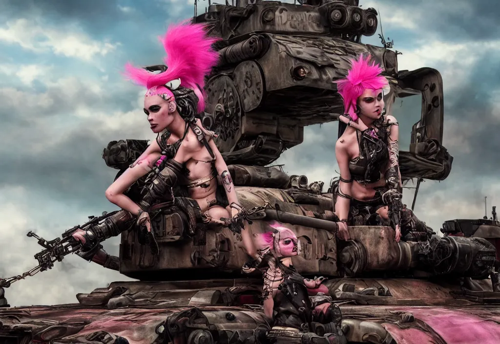 Image similar to beautiful apocalyptic tank girl with pink Mohawk, posing on mad max panzer tank, 4k ultra hd, fantasy dark art, artstation, octane render