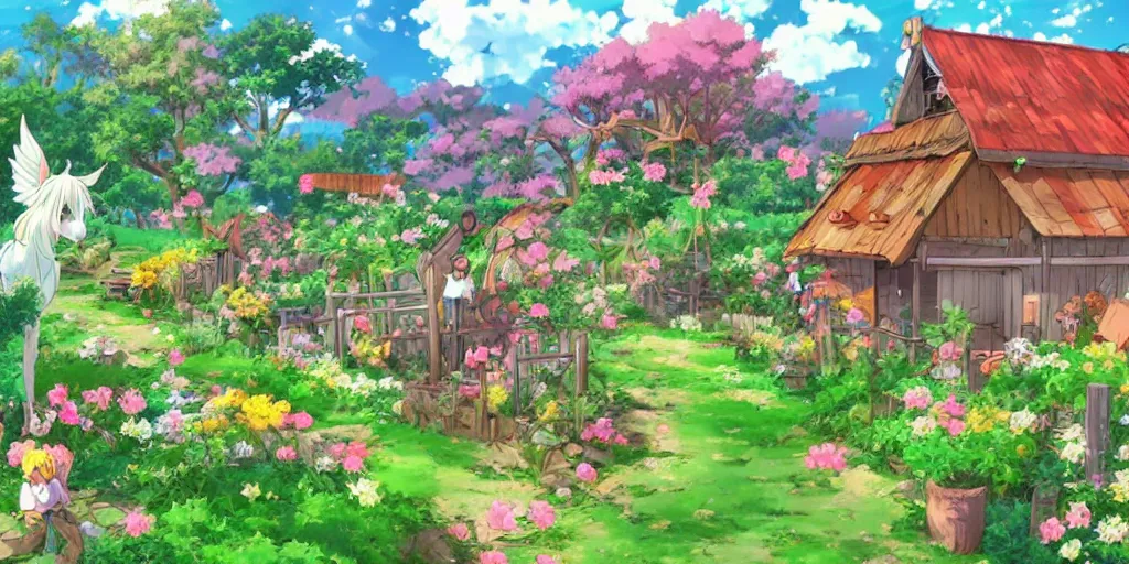 Image similar to a beautiful fantasy farm, anime style, cheerful and peaceful mood