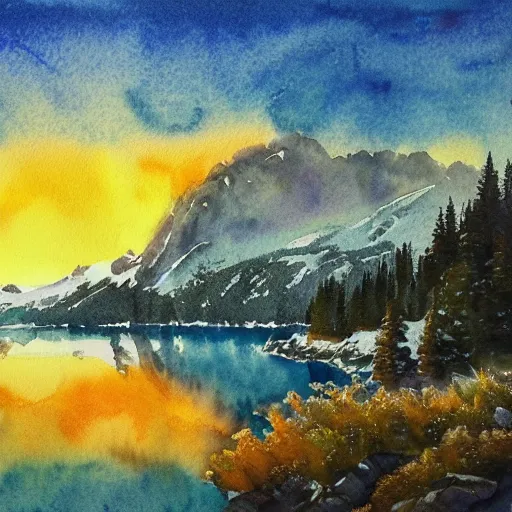 Image similar to alpine lake. bautiful sunrise. watercolor. trending on artstation