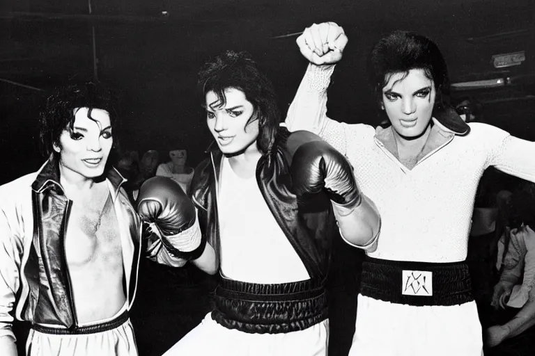 Image similar to michael jackson and elvis presley in the boxing ring