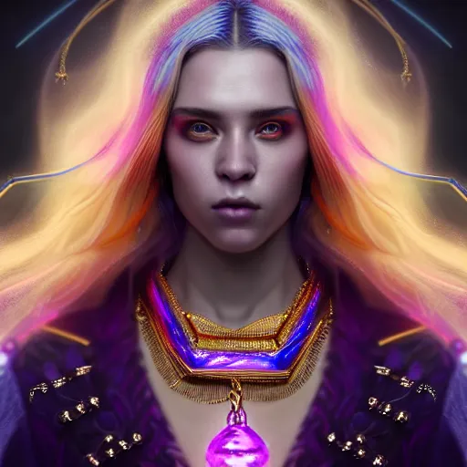 Image similar to hyperdetailed close portrait of a stunningly beautiful ukrainian girl androgynous wizard guard made of iridescent metals and shiny purple gems, bright rainbow nimbus, golden necklace, smoke background inspired by ross tran and masamune shirow and kuvshinov, concept art, intricate, photorealistic, octane render, rtx, hdr, unreal engine, dnd digital art by artgerm