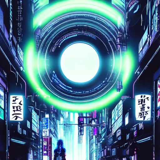 Image similar to Perfect circle portal leading to a vast neon cyberpunk Tokyo in style of Tsutomu Nihei. Cyberpunk, vertical symmetry, 8K, Highly Detailed, Intricate, Vivid.