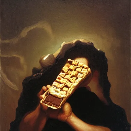 Image similar to saturn devouring a snickers chocolate bar, goya painting, in the style of goya and greg rutkowski, in the style of black paintings, 8 k, highly realistic