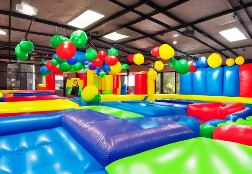 Image similar to A bouncy house with a ball pit and a large black trampoline next to it inside a big empty room with light coming through windows