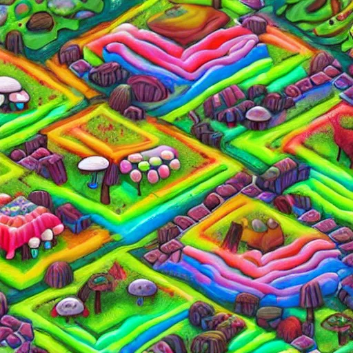 Image similar to colorful village made of mushrooms connected by a vast mycelial network, dreamy landscape, prismatic lighting