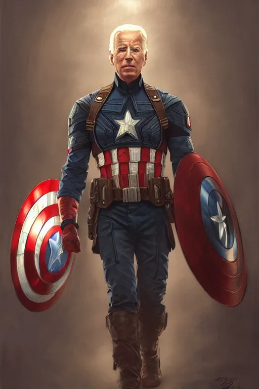 Image similar to Joe Biden as Captain America, western, D&D, fantasy, intricate, elegant, highly detailed, digital painting, artstation, concept art, matte, sharp focus, illustration, art by Artgerm and Greg Rutkowski and Alphonse Mucha