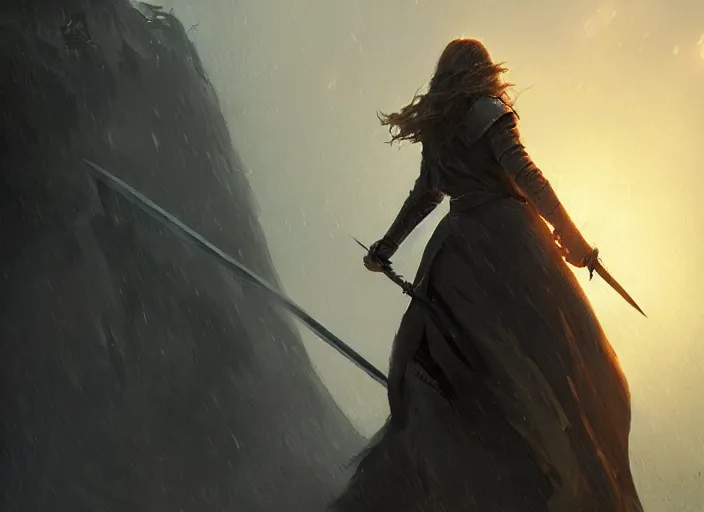 Prompt: Alicia Vikander as a knight fighting a Nazgul, fantasy battle in the style of Greg Rutkowski