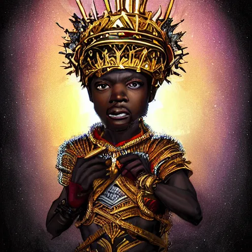 Prompt: a young black boy dressed like an african moorish warrior in gold armor and a crown with a ruby, posing with a very ornate glowing electric spear!!!!, elden ring character digital illustration portrait design, by android jones in a psychedelic fantasy style, dramatic lighting, hero pose, wide angle dynamic portrait