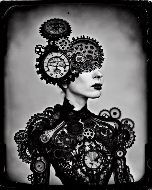 Image similar to surreal black and white tintype photo portrait of complex bio-mechanical beautiful young female vegetal-cyborg with a Mandelbrot fractal steampunk metal fine lace face, a very long neck and a fine metal floral foliage super big lace collar by Alexander McQueen:: smoke, high fashion, haute couture, rococo, steampunk, silver filigree details, anatomical, facial muscles, cable wires, microchip, elegant, dreamy, foggy atmosphere, hyper realistic, 150 mm lens, soft rim light, octane render, unreal engine, picture was taken in 1910 by Man Ray, volumetric lighting, dramatic light,8k,