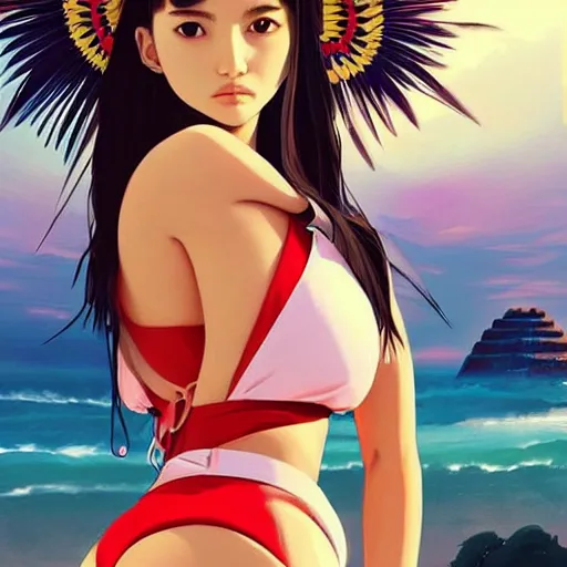 Image similar to a beautiful young japanese natalie portman alluring gravure model, stylized concept art, wearing elegant designer bomber jacket and one piece bikini, bomber jacket with mesoamerican patterns, mesoamerican native street fashion, princess mononoke, painted by ilya kuvshinov aesthetic, gorgeous, stunning, alluring, attractive, artstation, pinterest, digital art