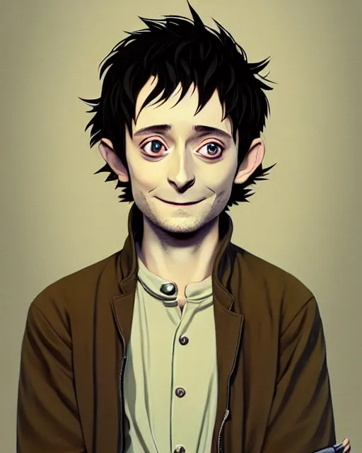 Image similar to portrait Anime joyful Elijah Wood as Hobbit Frodo Baggins; velvet brown jacket, backpack, Shire background || cute-fine-face, pretty face, realistic shaded Perfect face, fine details. Anime. realistic shaded lighting by Ilya Kuvshinov katsuhiro otomo ghost-in-the-shell, magali villeneuve, artgerm, Jeremy Lipkin and Michael Garmash and Rob Rey