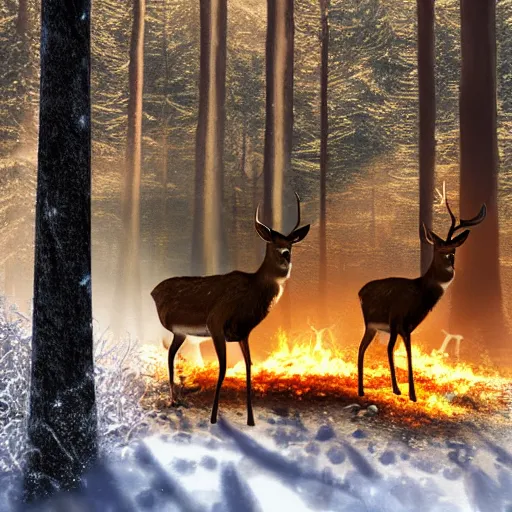 Image similar to family of deer on fire in a frozen forest, sparkles and sun rays, hyperrealistic, photo realistic, realistic, beautiful white lighting, in the middle of the day, hyperdetailed, very detailed