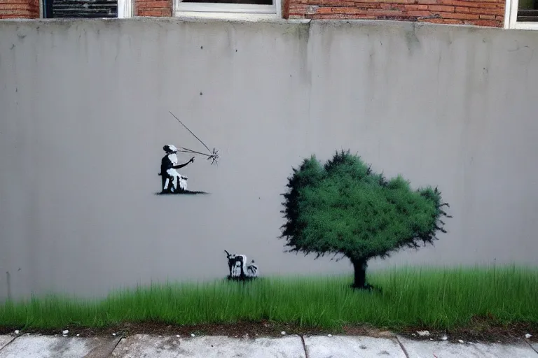 Image similar to wall painting, beautiful nature landscape, grey street wall, rule of thirds, art by banksy